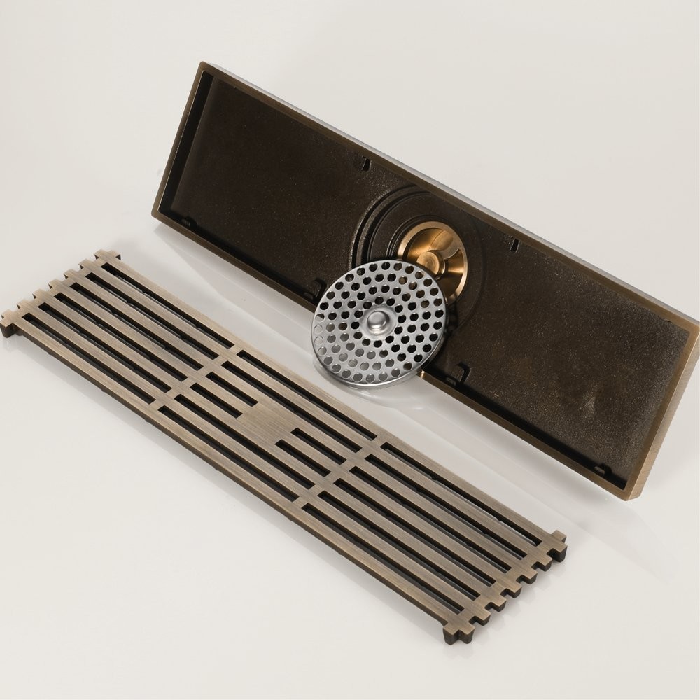 12-Inch Linear Shower Drain Brass Antique Rectangular Bathroom Floor Drain St...