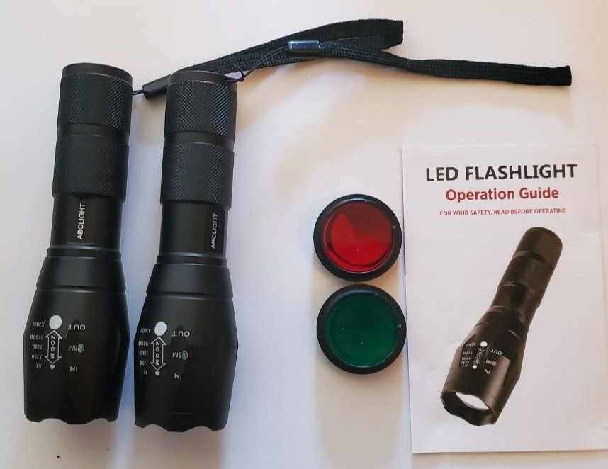 2Pack, 3 Color LED Flashlight, Tactical, Waterproof, Zoom, 5 modes, 2000 Lumen