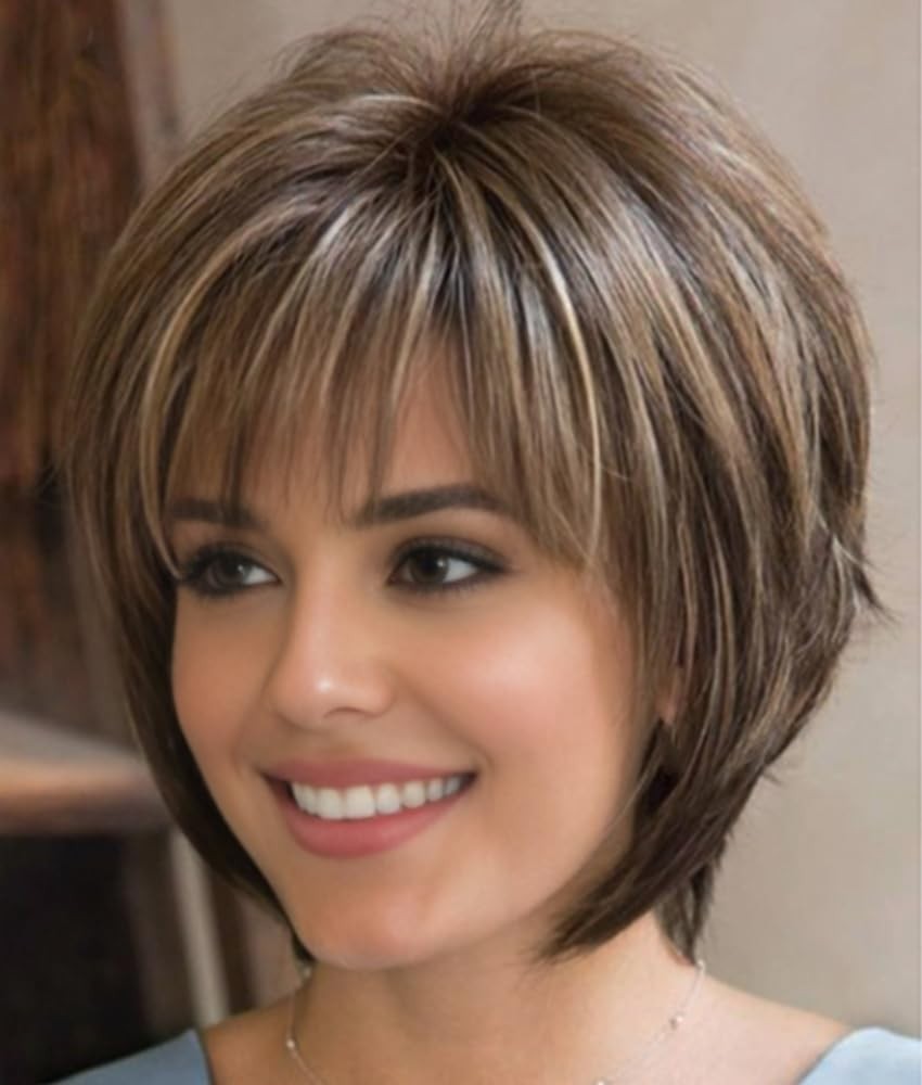 SEVENCOLORS Short Hair Wigs with Bangs Dark Brown Mixed Blonde Pixie Cut Wig ...