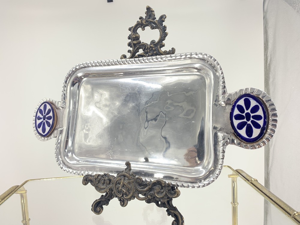 Pretty Medium 15” silver Metal plate tray with Handles Decorated With Tile