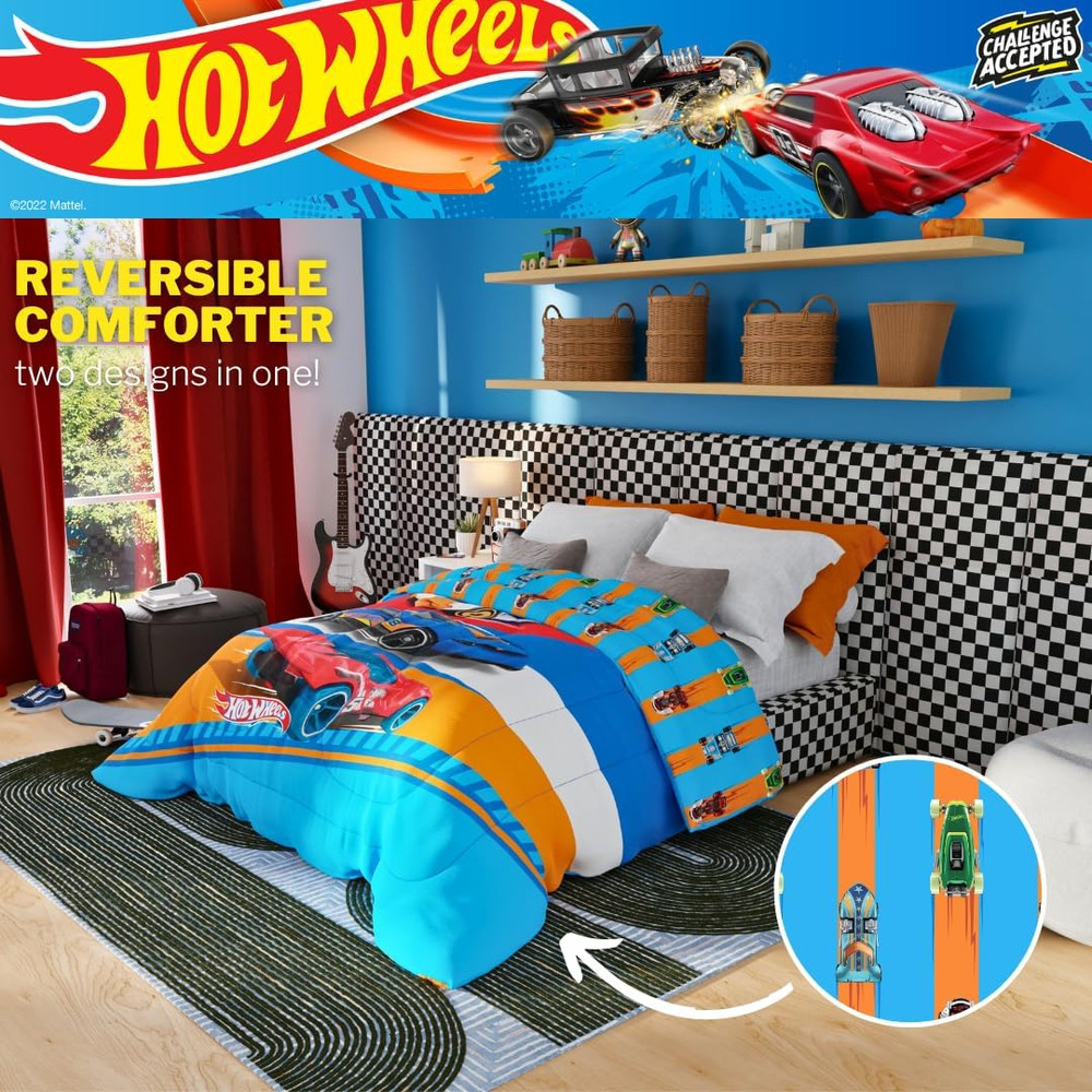 Kids Bedding Super Soft Microfiber Reversible Comforter, Twin/Full, Hot Wheels