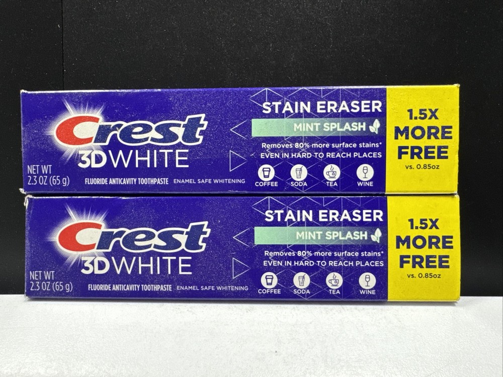 2 Pack - Crest 3D White Stain Eraser Mint Splash Fluoride Toothpaste 2.3oz