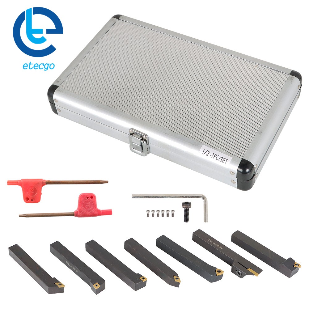 1/2" Lathe Turning Tools+Indexable Carbide Inserts With Storage Box 7Pcs