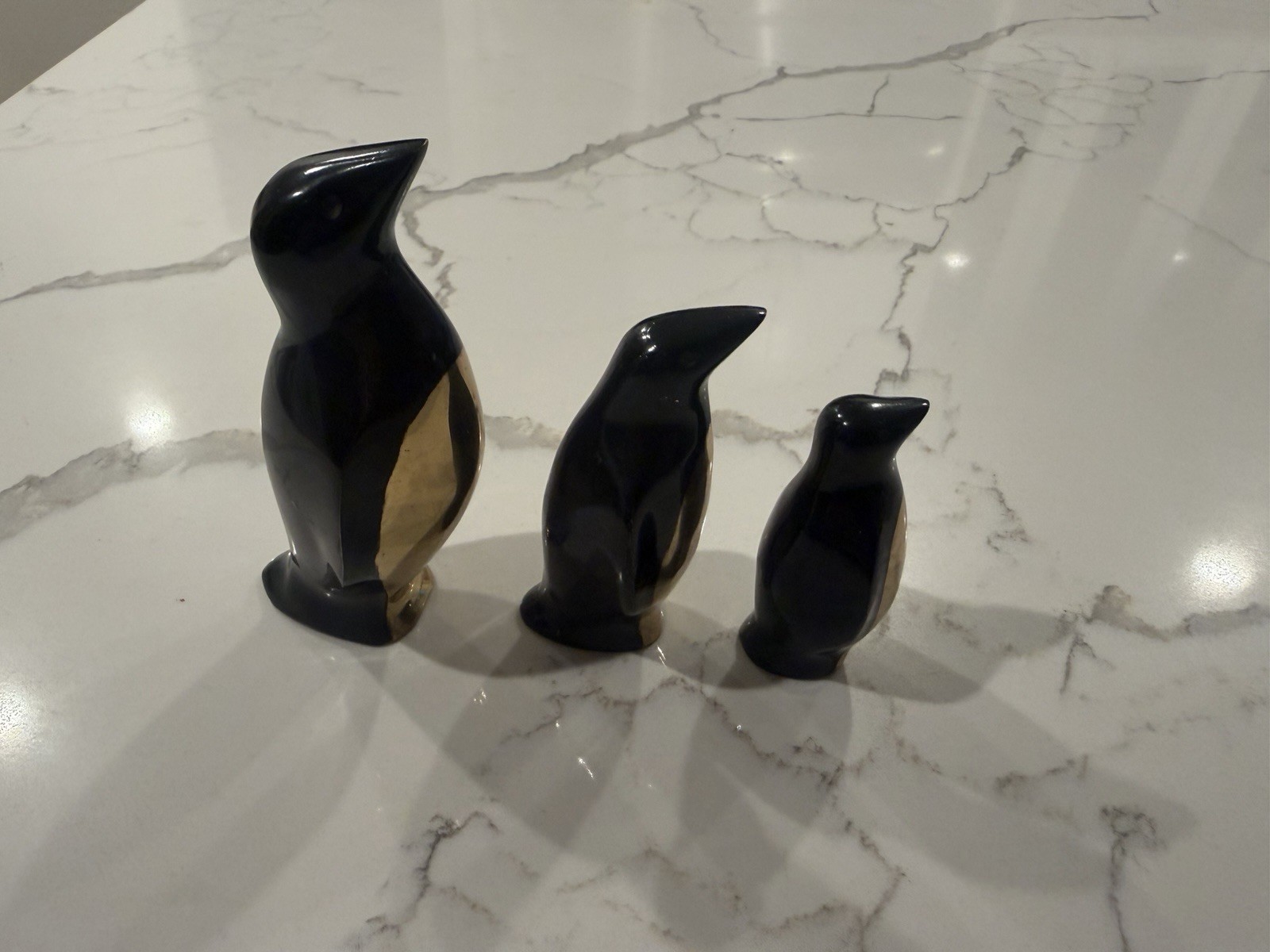 Vintage Brass & Enamel Penguin Figurines Set of 3 Black & Gold Mid Century Style
