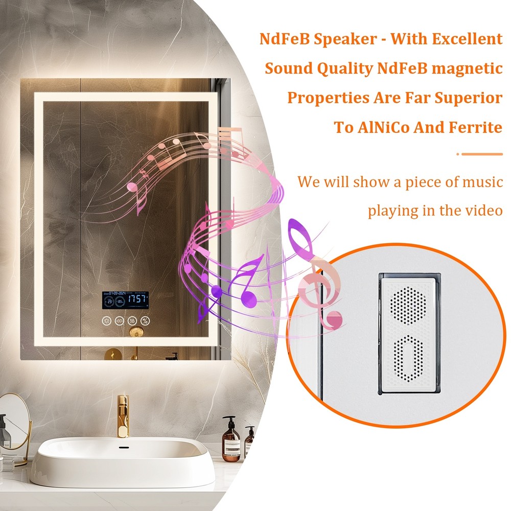 WISFOR Smart LED Lighted Bathroom Mirror with Bluetooth Speaker, Digital Display