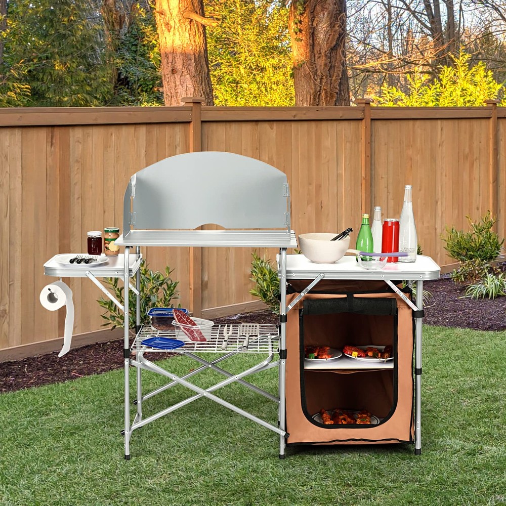 Folding Camping Kitchen Table, Aluminum Portable Camping Grill Table with Win...