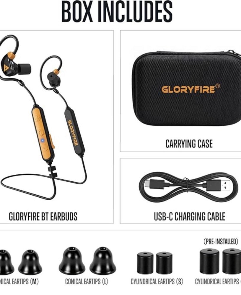 GLORYFIRE Electronic Bluetooth 5.2 Earbuds Black/Orange 26dB NRR
