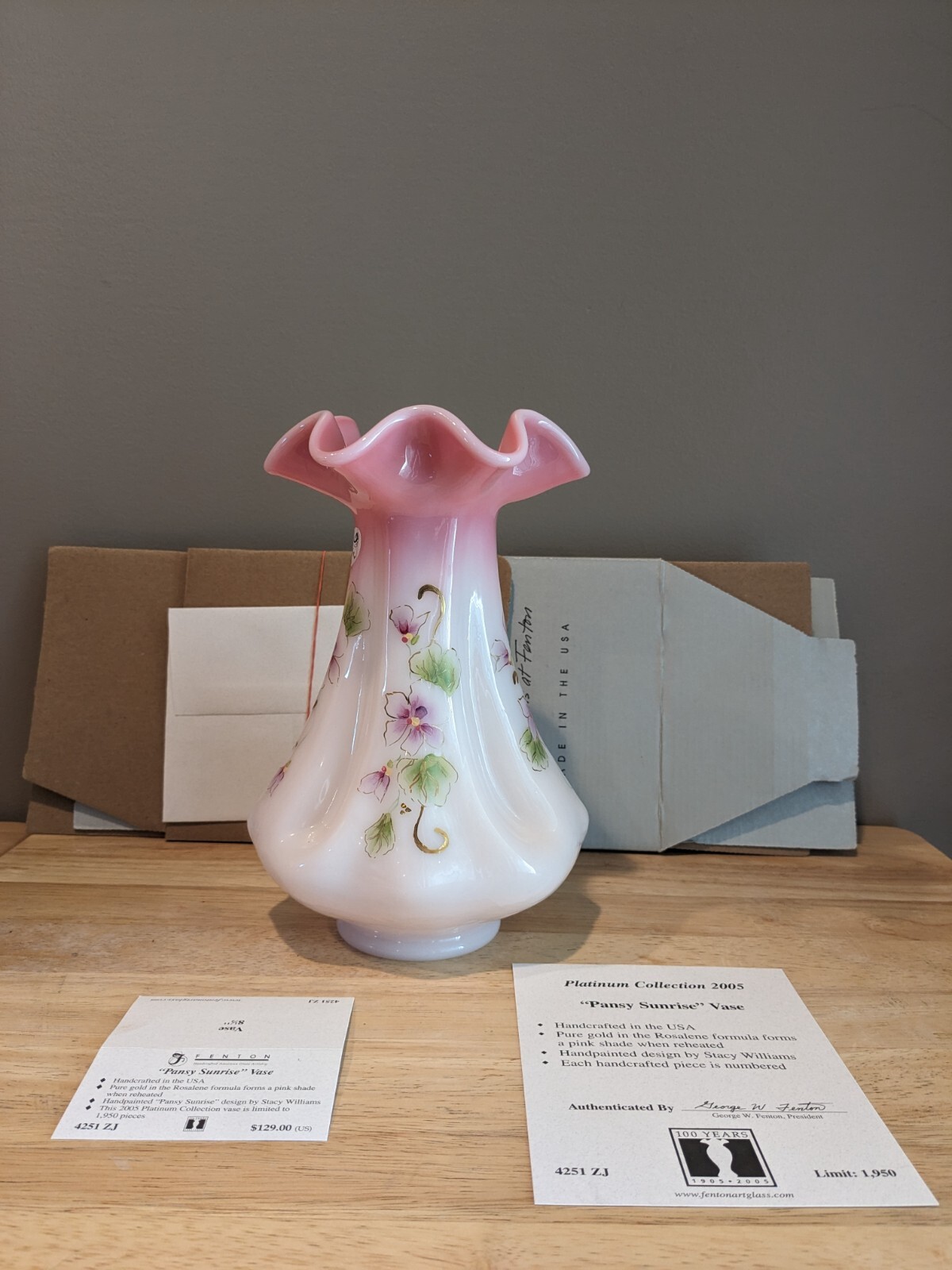 Fenton 2005 rosalene Pansy Sunrise vase LE Special Order