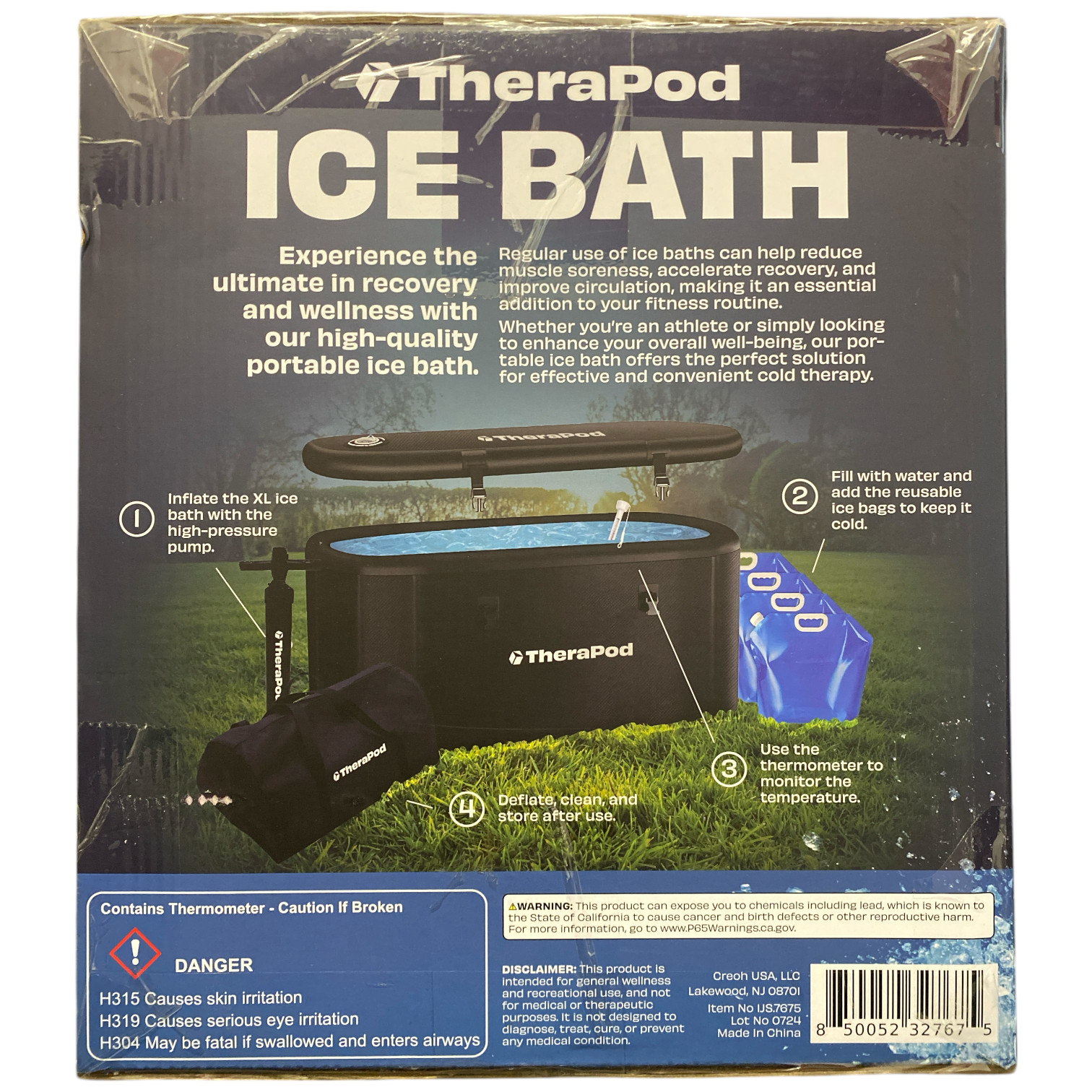 Therapod Portable Inflatable Ice Bath, Temp, Inflator (55"L x 30"W x 24.5"H)