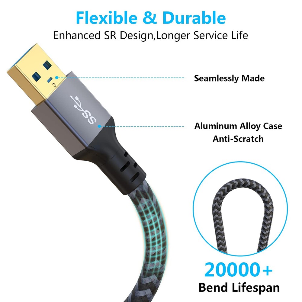 Hisatey USB Extension Cable 20 ft- USB3.0 Cable,Durable 20FT, Grey