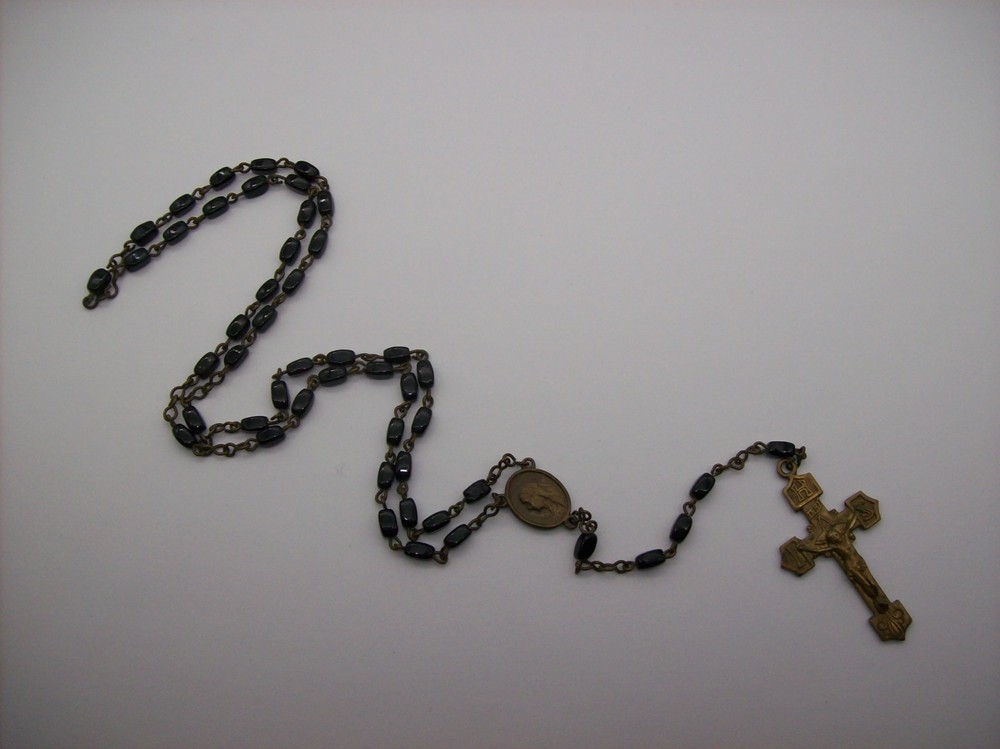 Vintage Catholic Rosary Black Beads Brass Crucifix Made in Czechoslovakia