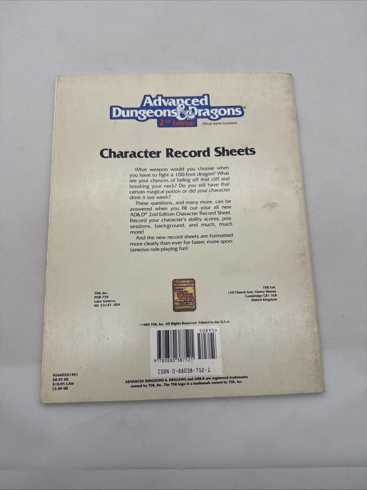 TSR Advanced D&D Dungeons and Dragons 2nd Ed Character Record Sheets