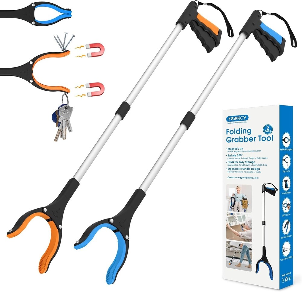 2-Pack 34” Grabber Pickup Tool - Enhanced Grip & Folding Design