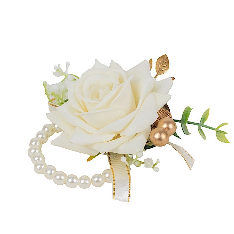 WHITE 2 SILK ROSES 4" Wrist Corsages with Pearls Wedding Flowers Party Bouquets