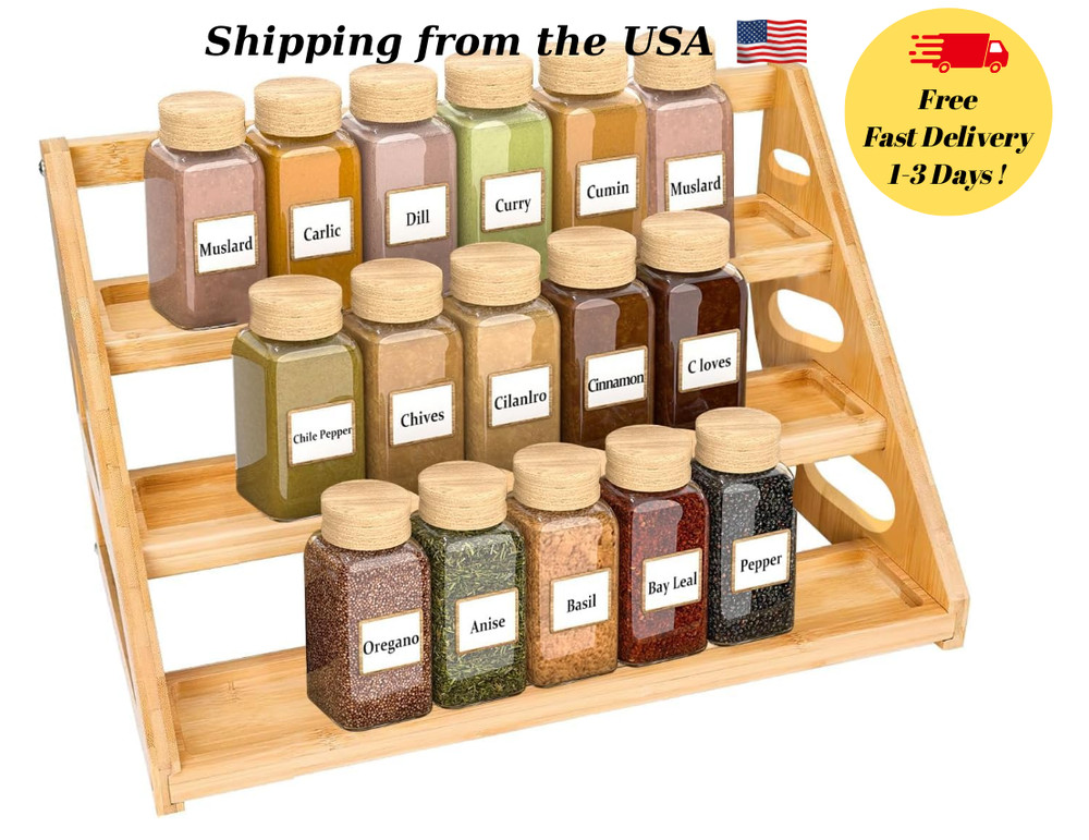 Multi-tier spice rack, 3-tier bamboo spice organizer for cabinets.