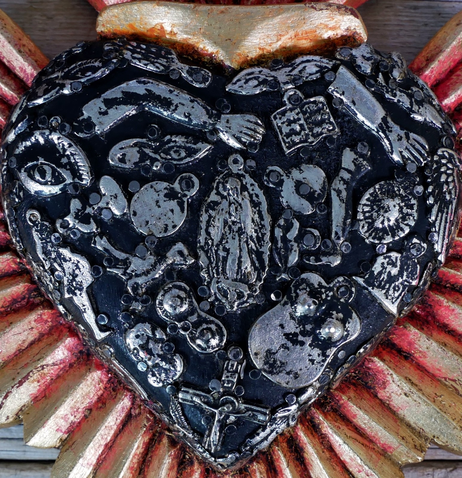 Heart Gold Starburst Milagros Guadalupe Wood Handmade Michoacan Mexican Folk Art