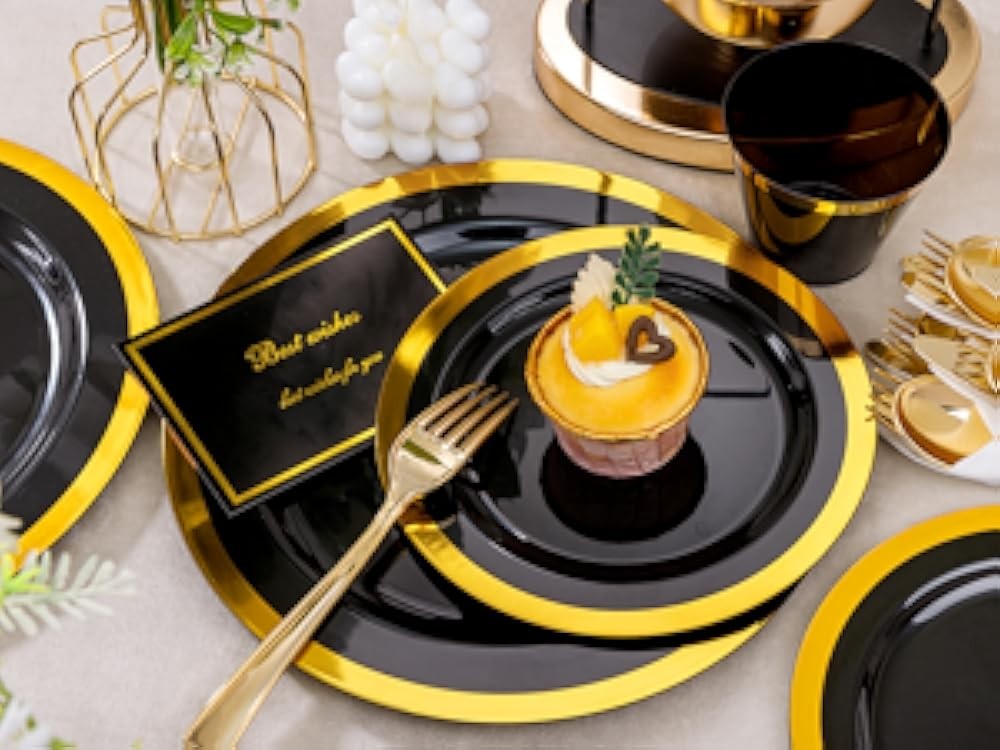 Bla and Gold Plastic Plates - Gold Disposable Dinnerware Sets for