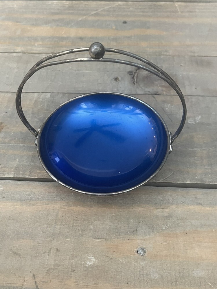 Vintage Denmark 411 Blue Enamel & Silver Plated Handled Candy Dish