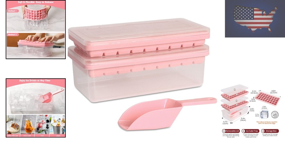 2 Pack Stackable Silicone Ice Cube Trays with Ice Bin & Scoop - Sanitary Storage