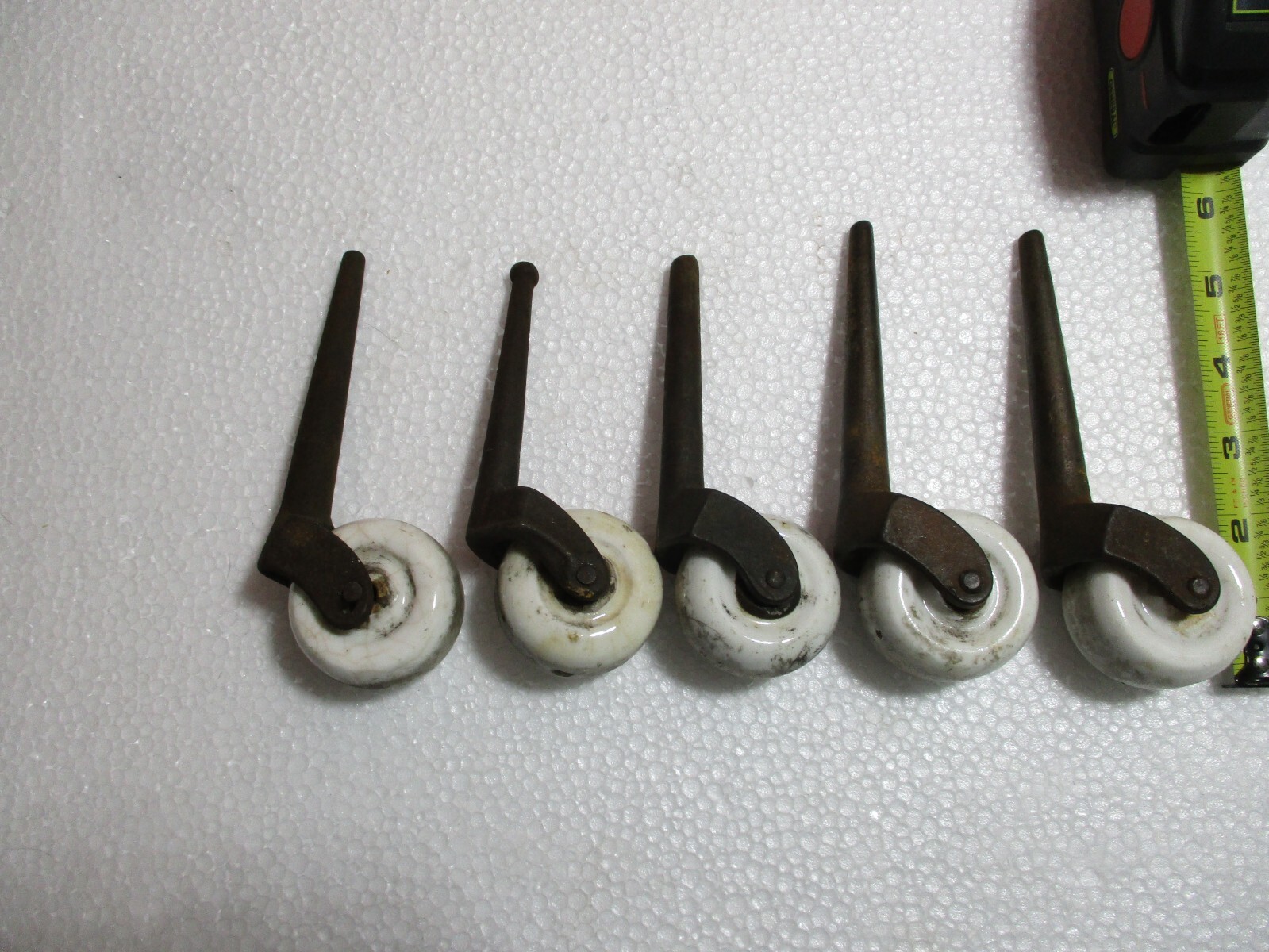 5 LARGE Antique Furniture Porcelain Caster Wheels Steel Pins NON MATCHING!!!