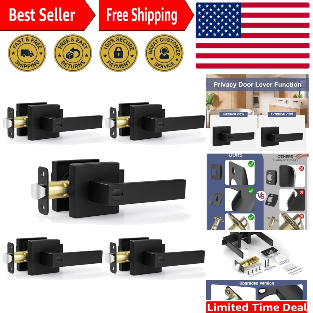 5 Pack Matte Black Door Handles Interior Door Knobs, Home Improvement Keyless...