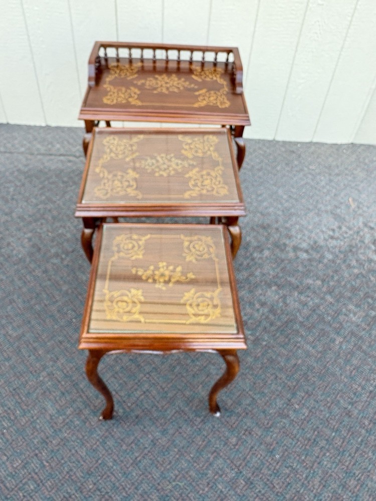 67334 Inlaid Mahogany 3 Stack Table Set with Gallery