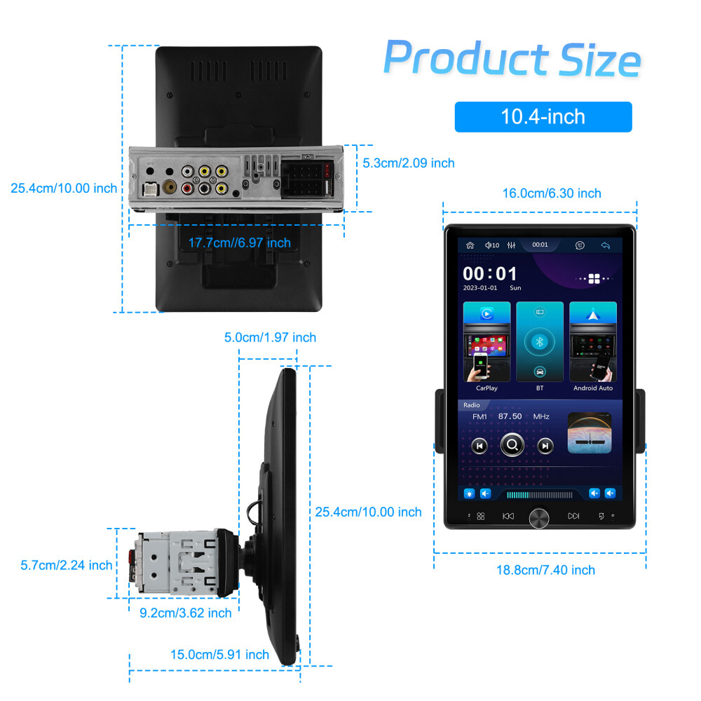 10.4" Single Din Touch Screen Stereo Bluetooth Radio Apple/Android Carplay+CAM