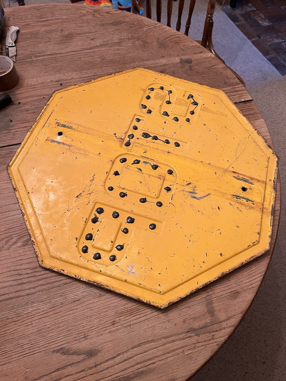 Vintage Early Yellow Stop Sign Embossed Steel Heavy 24" × 24" Cat Eyes