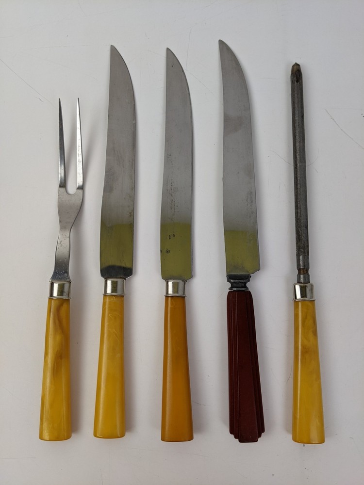 Vintage BAKELITE Handle Carving Set Fork, Knives, Sharpener Valley Forge 5pcs