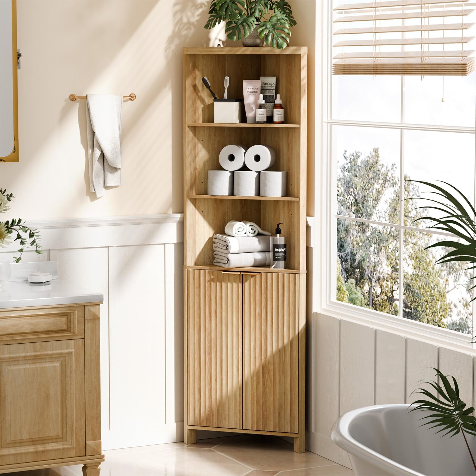 Tall Corner Cabinet with Fluted Doors, 68" Oak Corner Storage Cabinet