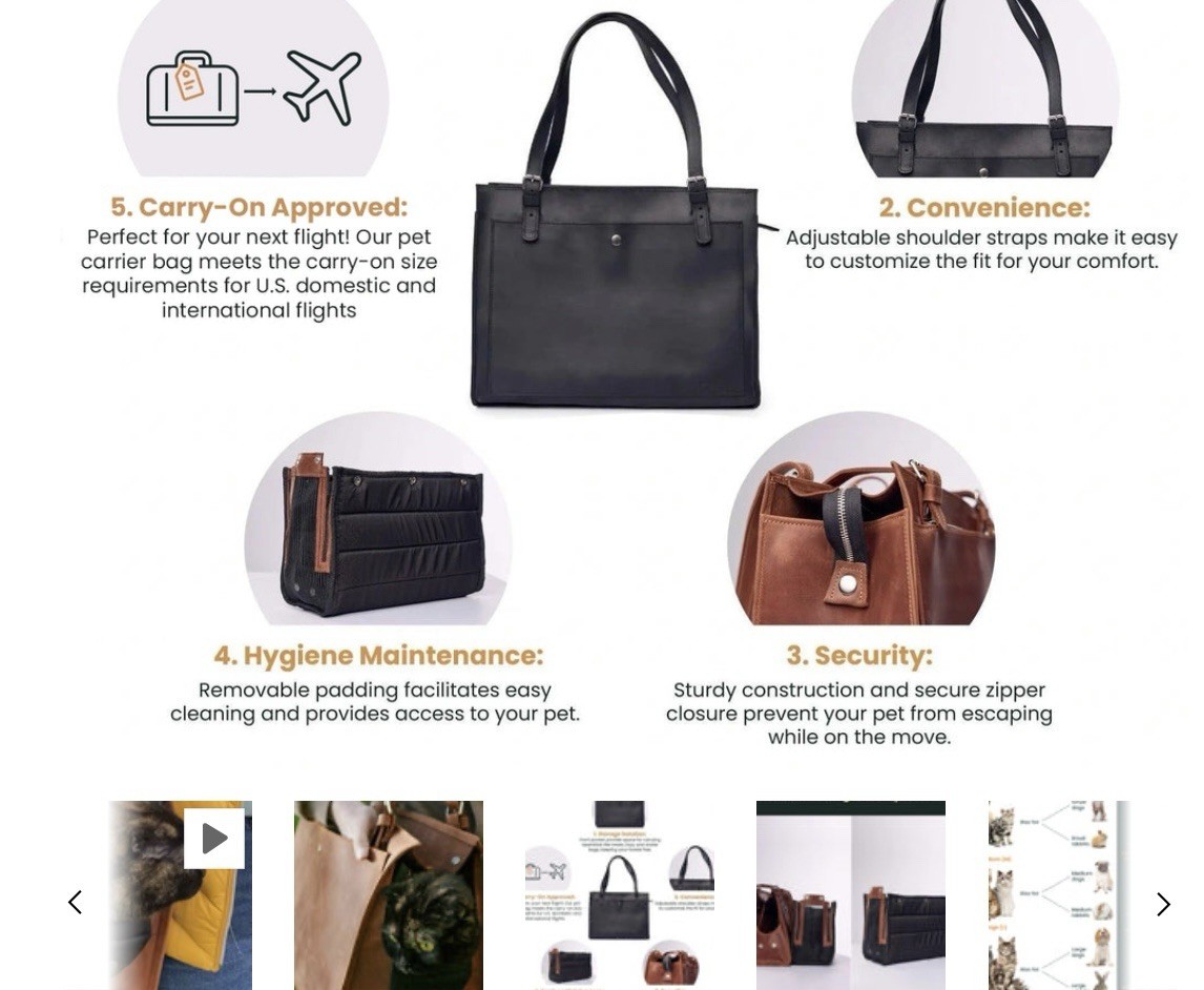 Pikore Large Black Leather Cat Carrier Tote Travel