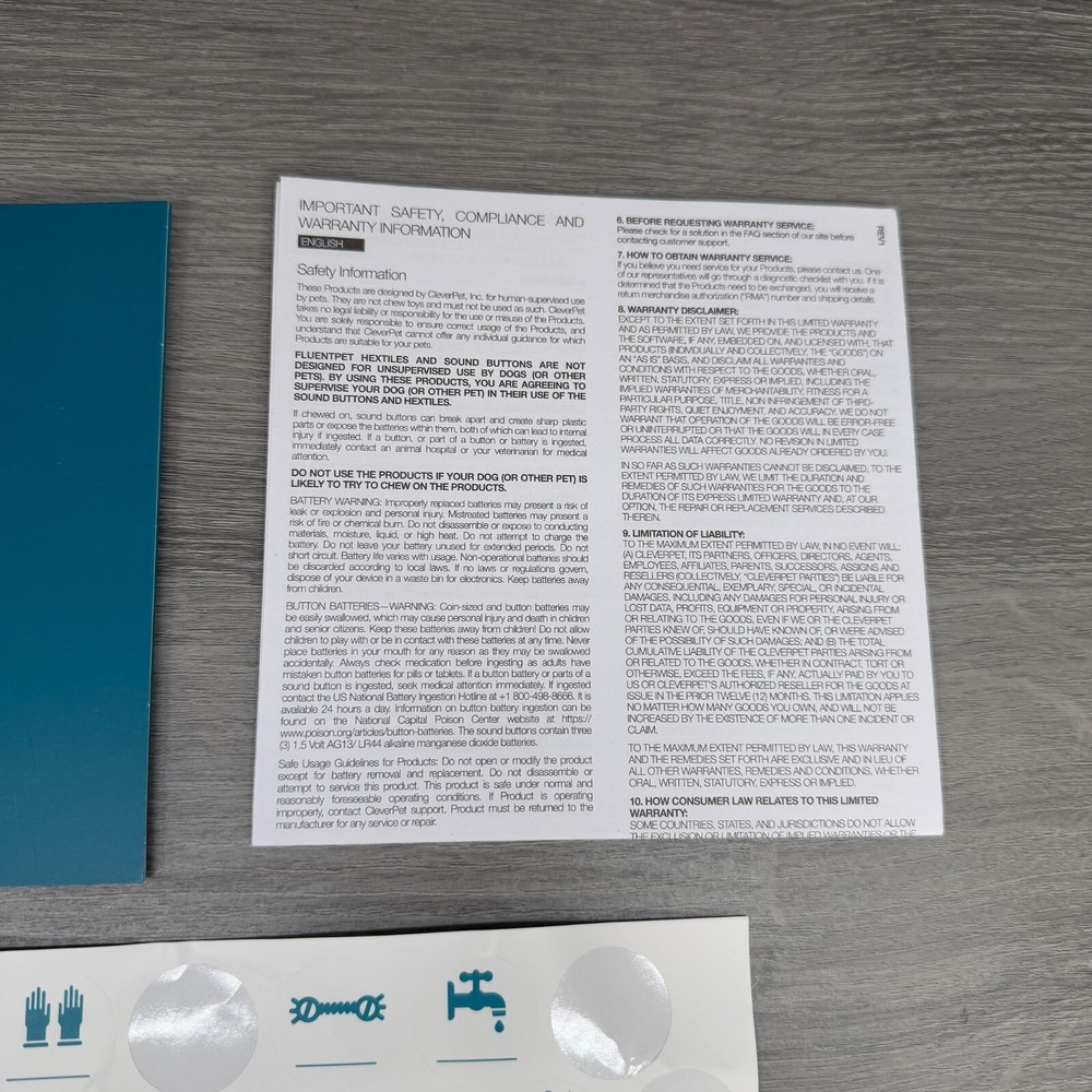 Fluent Pet Classic Quick Start Guide Paperwork & Some Stickers Used