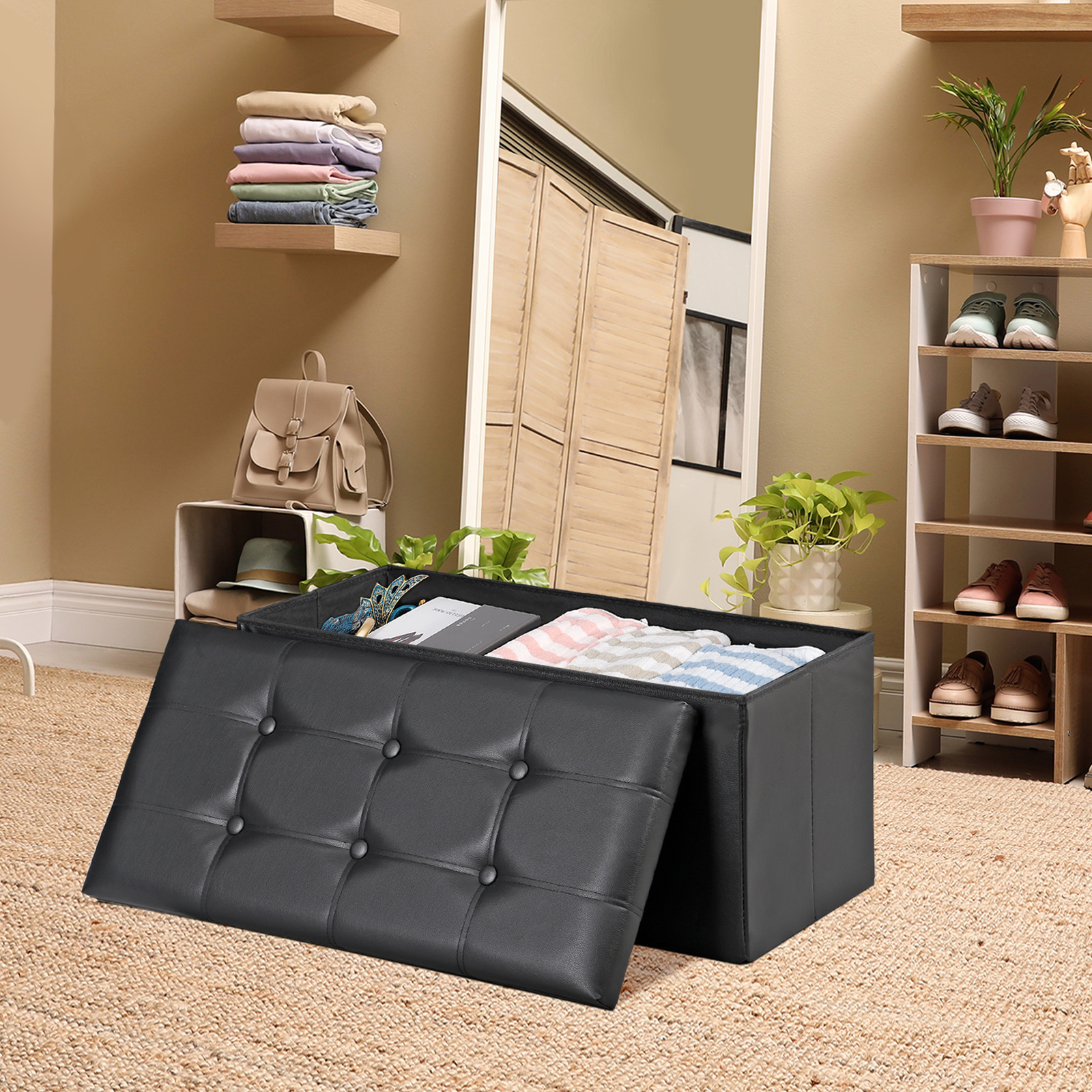 30" Storage Ottoman Bench Folding Footrest Stool Storage Chest Hold up to 350LBS