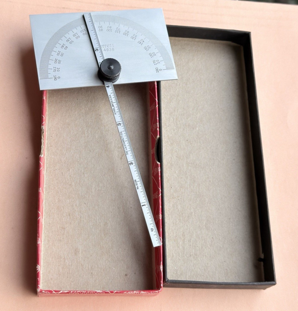 STARRETT No. C493B Satin Chrome Finish Steel Protractor/Depth Gage. USA Made!