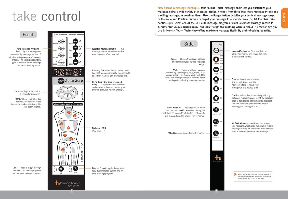 Human Touch ZeroG 5.0 Massage Chair Handheld Remote control Hand Controller