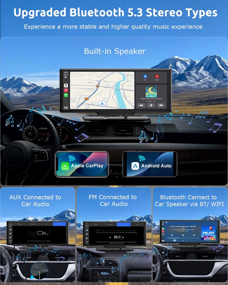 10.26" Touch Screen Wireless Apple Carplay Portable Car Stereo Android Auto DVR