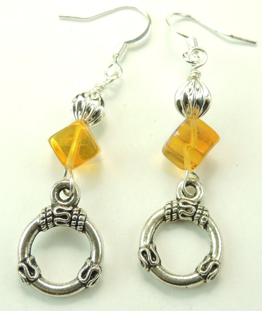 Amber Color Czech Cube Dangle Drop Earrings Handmade  Statement