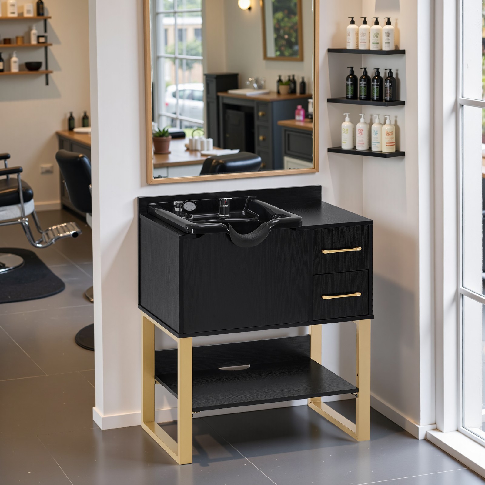 BarberPub Shampoo Cabinet with Sink, Salon Backwash Station with Bowl 7135