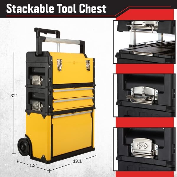 Rolling Tool Box with Wheels - Stackable Tool Box Organizer - Portable Metal