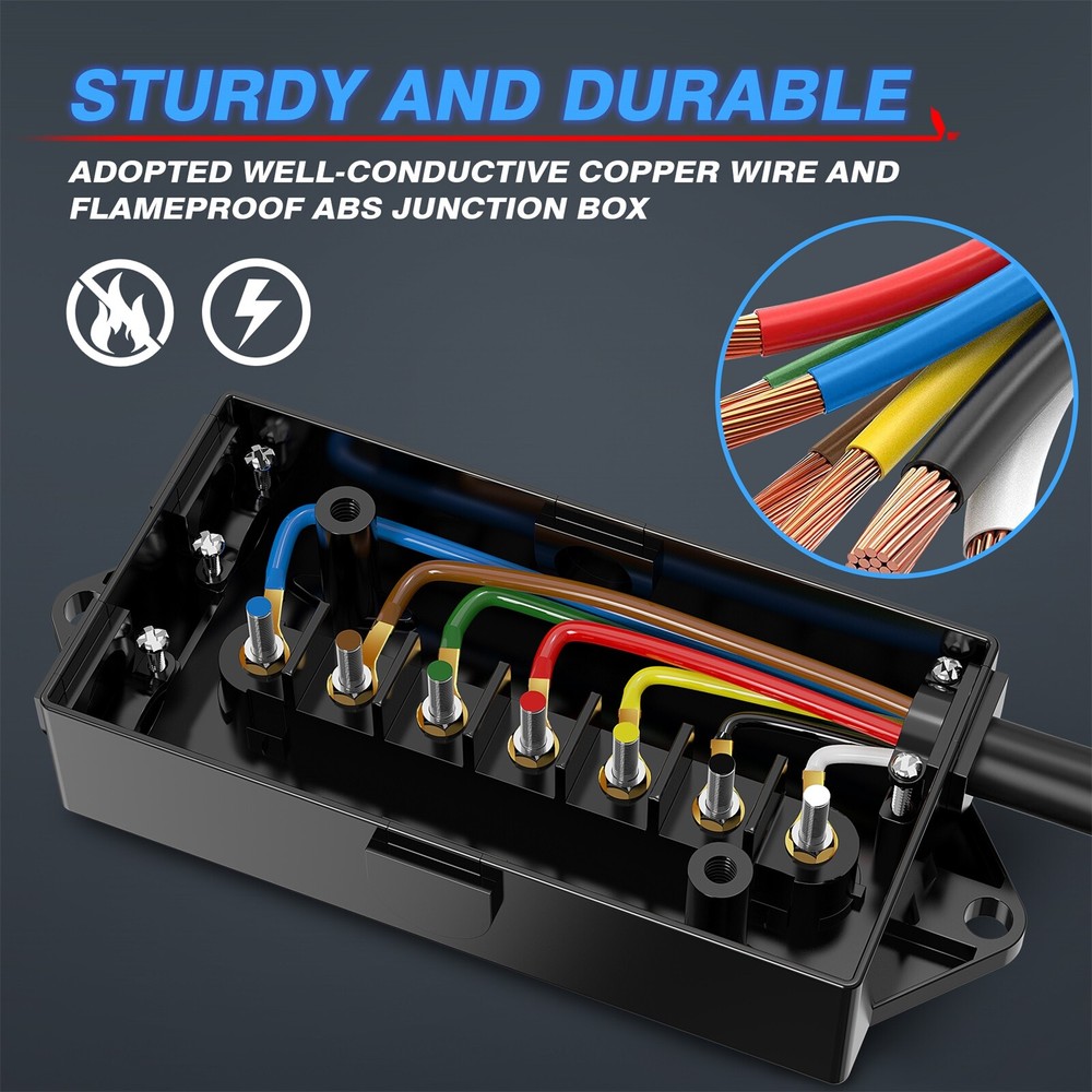 MICTUNING 8ft 16ft Trailer Cord 7 Way Plug Inline Junction Box Wiring Harness US