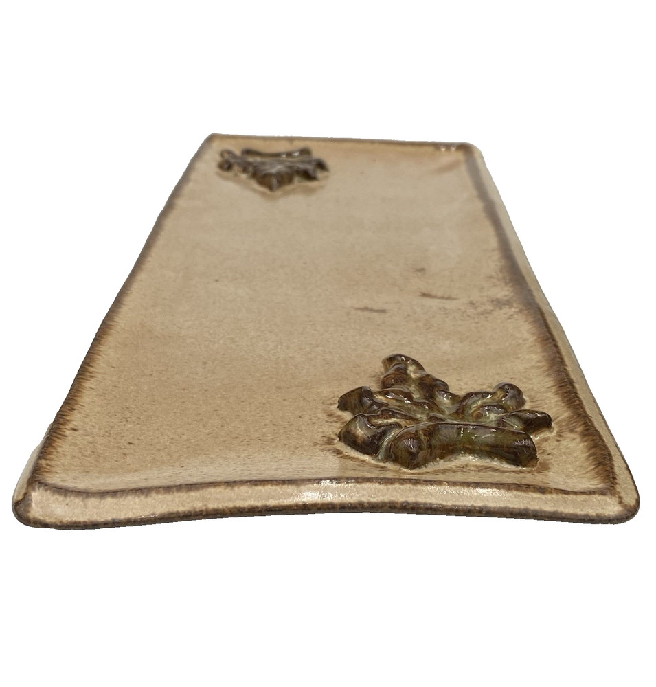Studio Pottery Long Serving Tray, 12" x 5", Applied Leaves, Signed