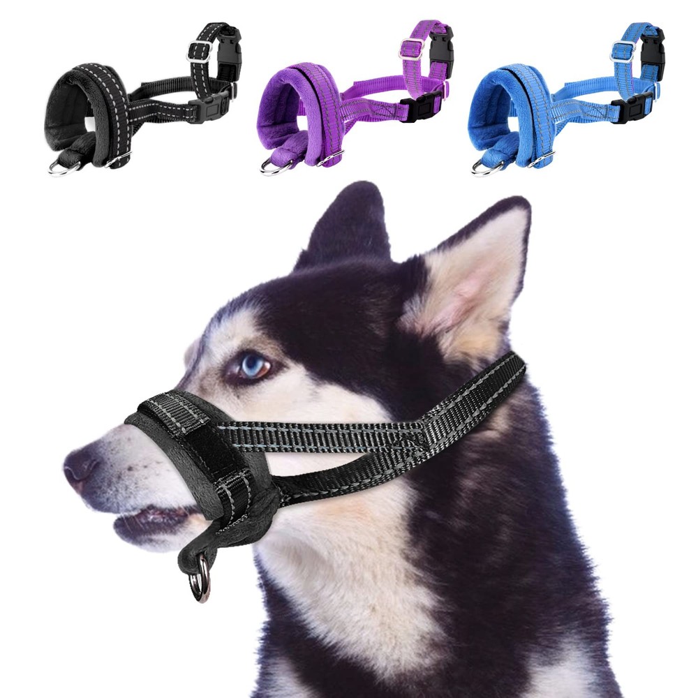 M-Size Soft Dog Muzzle Adjustable Padded Nylon for Chewing Barking Black