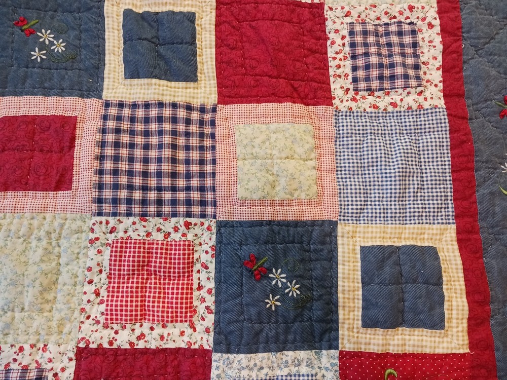 Pretty Block Patchwork Quilt red Blue White Florals Ginghams 86x88"
