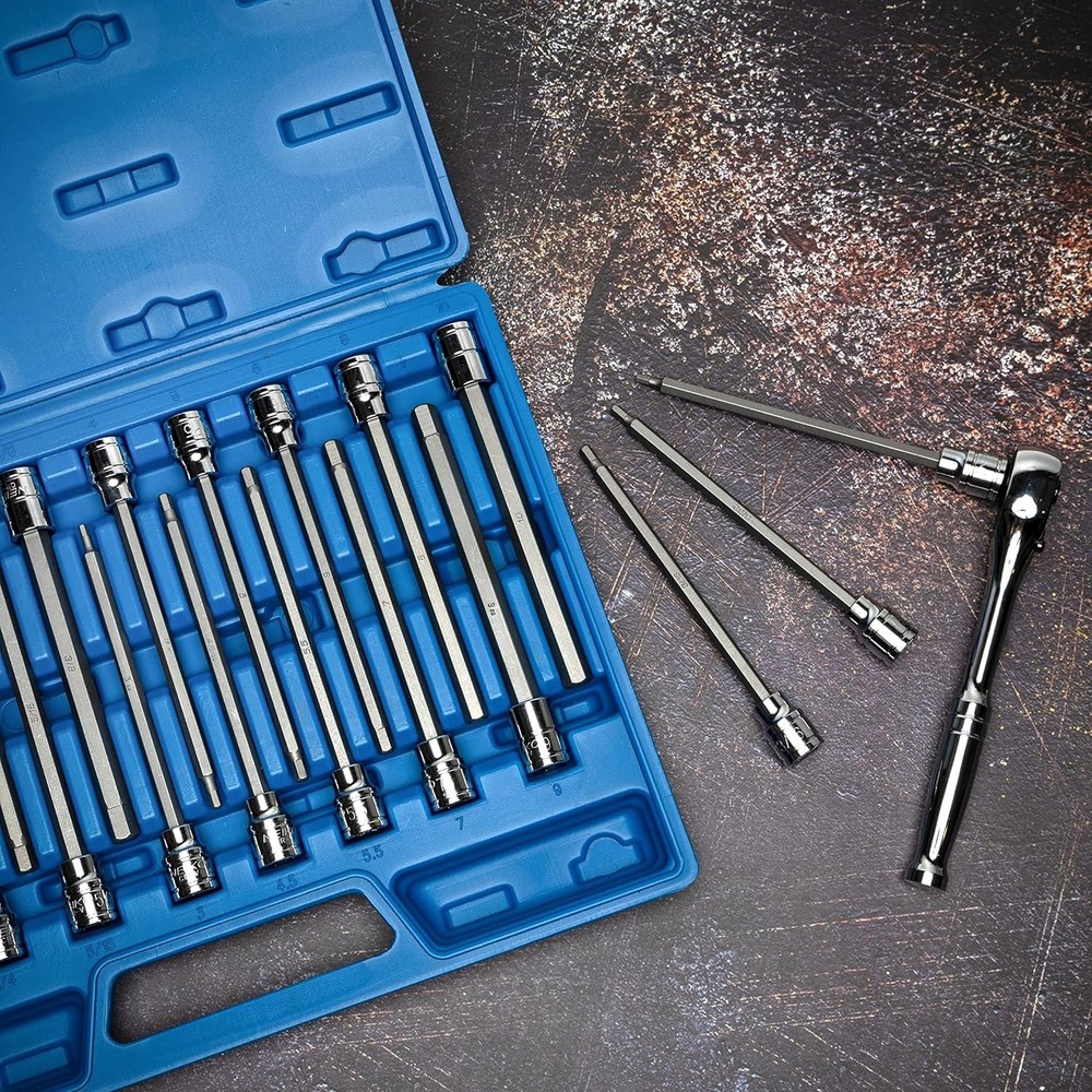 NEIKO 10079A Extra Long Allen Hex Bit Socket Set, 18 Piece SAE