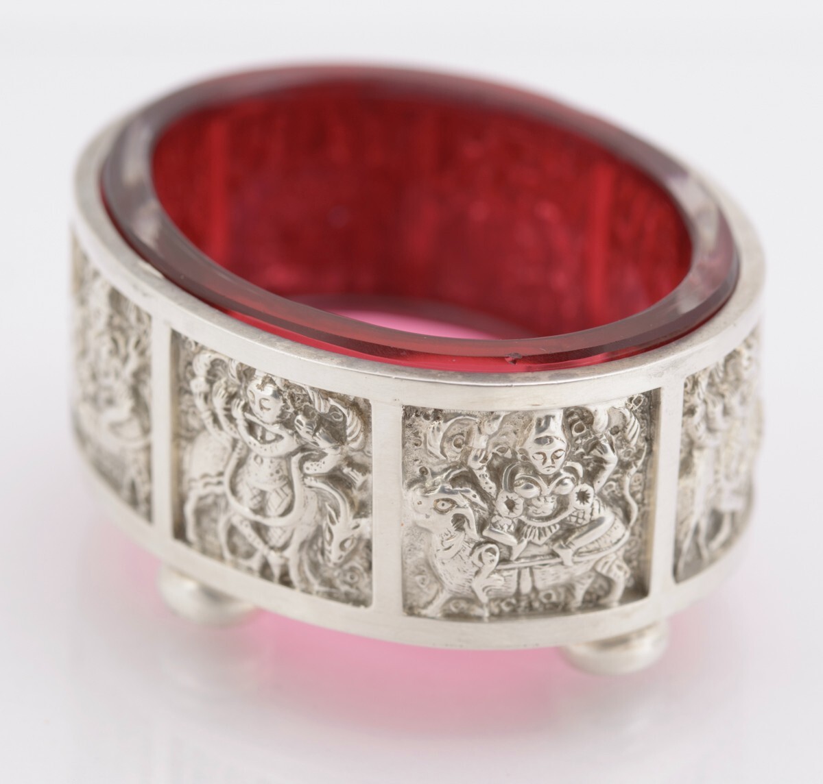 Pair Antique Victorian Sterling Silver & Cranberry Glass Salts Hallmarked 1888