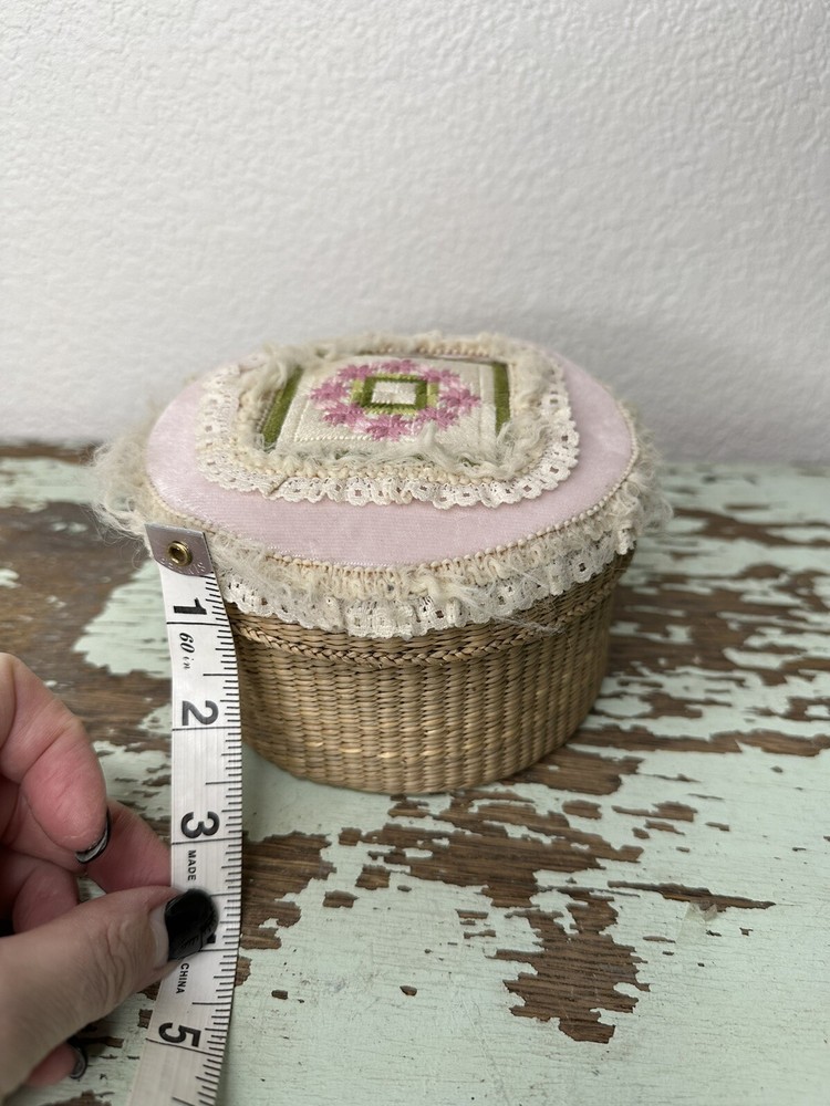 Vintage Small needlepoint top Sewing basket Container
