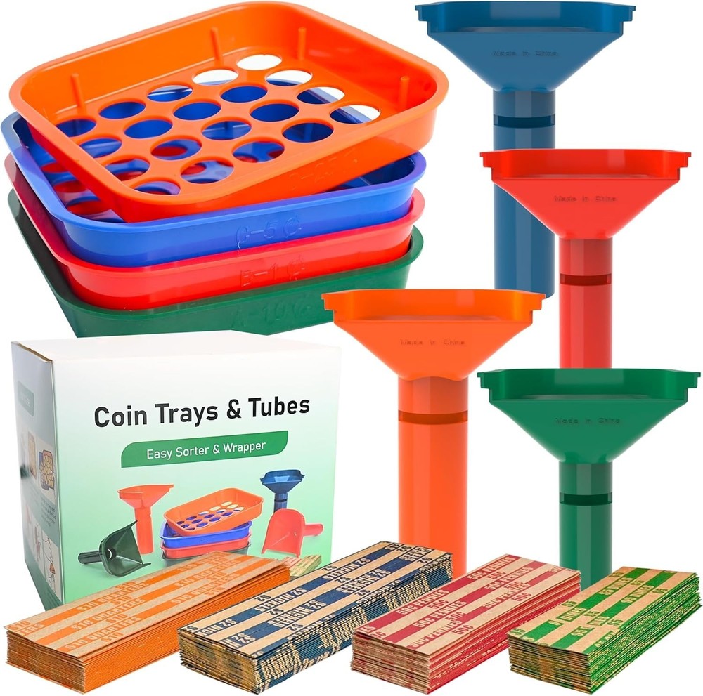 Efficient Coin Sorting & Wrapping Kit: 4 Trays, Tubes & Flat Wrappers Included