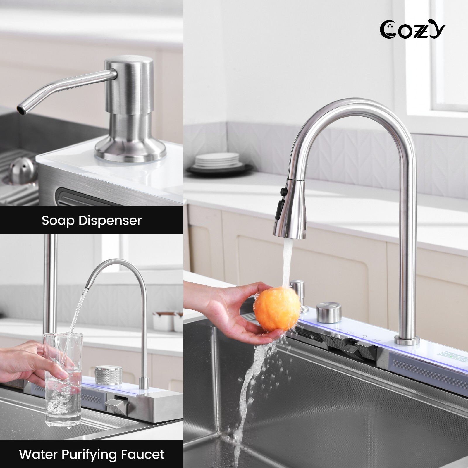 Cozy 33x22" Multifunctional Overmount Kitchen Sink Faucet Combo Brush Nickel