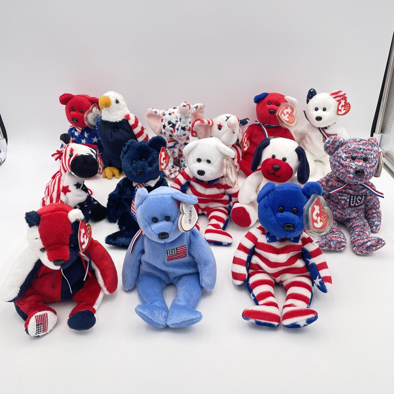 Ty Beanie Babies Patriotic Lot USA Bears Eagle Dog Elephant Zebra Plush RWB Set