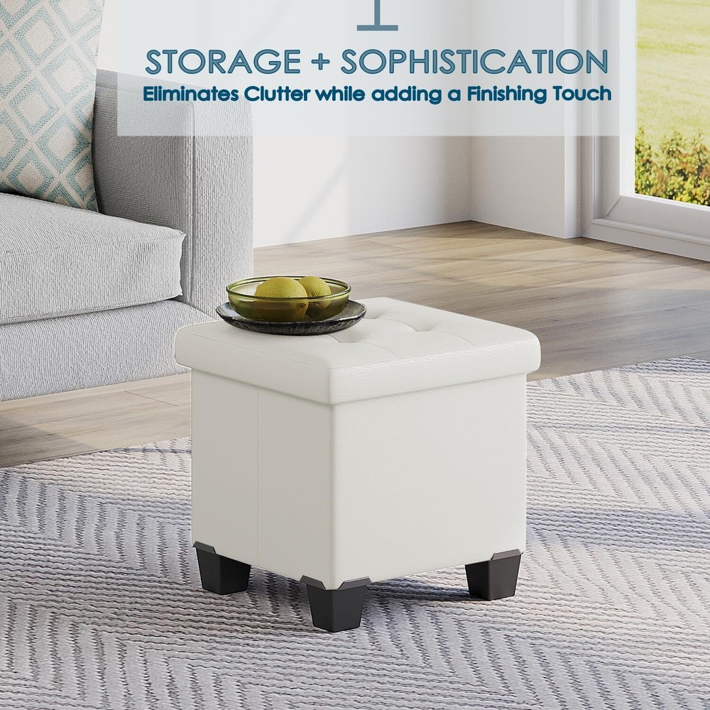 Storage Ottoman Cube with Bin, 15-In Square 15 Inch, White Leather